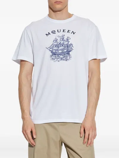Alexander Mcqueen White Crewneck T-shirt With Logo Print On The Front In Cotton Man