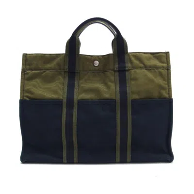 Pre-owned Hermes Moss Green Navy Canvas Handbag Tote Bag ()