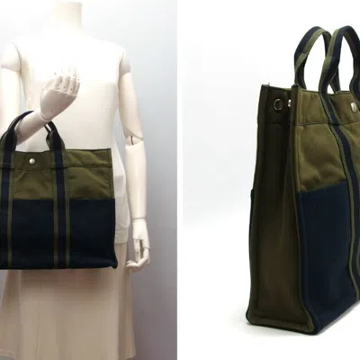 Pre-owned Hermes Moss Green Navy Canvas Handbag Tote Bag ()