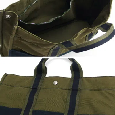 Pre-owned Hermes Moss Green Navy Canvas Handbag Tote Bag ()