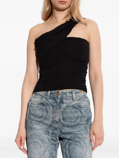 Versace Black Solid One Shoulder Top In Black