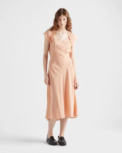Prada Embroidered Vintage-look Habutai Silk Dress In Orange