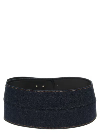 Sportmax Wide Denim Texture Belt With Silver Buckle