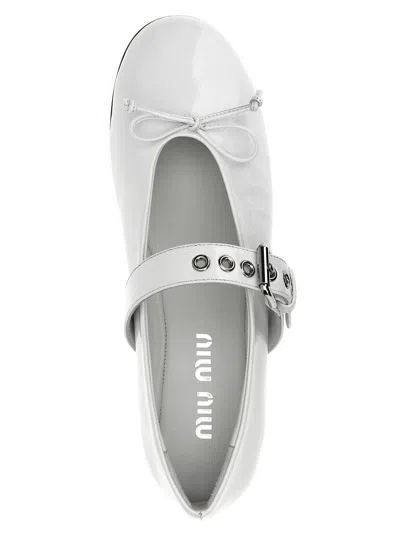 Miu Miu Buckle And Bow Ballet Flats Flat Shoes White