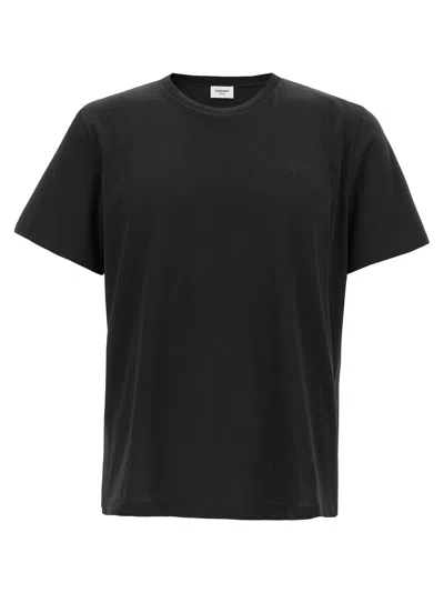Saint Laurent Black Crewneck T-shirt With Cassandre Embroidery In Cotton Man In Black