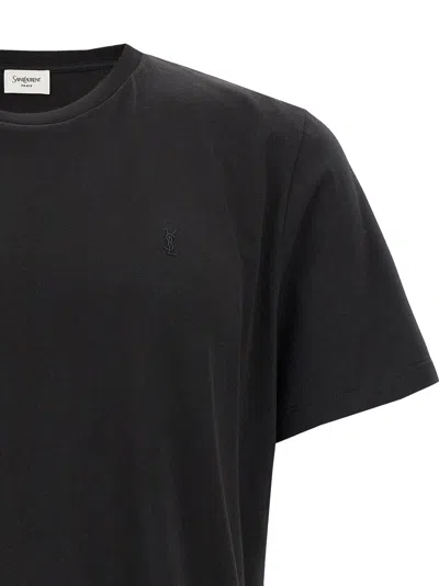 Saint Laurent Black Crewneck T-shirt With Cassandre Embroidery In Cotton Man In Black