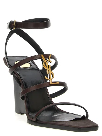Saint Laurent Black Wedges With Metallic Cassandre Detail And Adjustable Leather Strap In Leather Women In Black