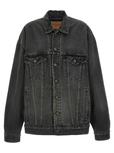 Balenciaga Denim Jacket With Used Effect Casual Jackets And Parka Gray In Black