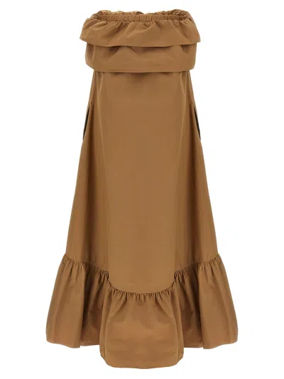 Saint Laurent Beige Long Dress With Bustier Neckline And Ruffled Skirt In Cotton Woman In Brown