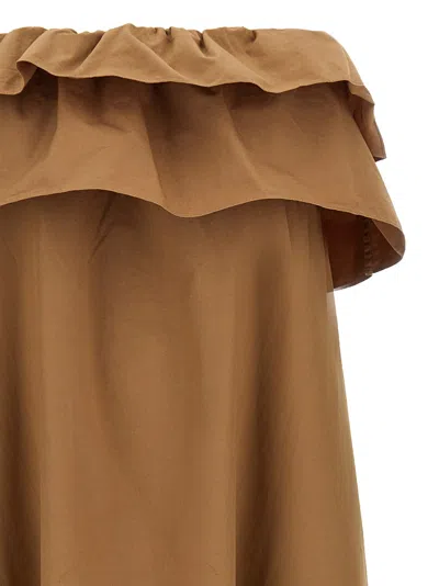 Saint Laurent Beige Long Dress With Bustier Neckline And Ruffled Skirt In Cotton Woman In Brown