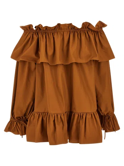 Saint Laurent Brown Ruffle Dress With Bare Shoulders In Cotton Twill Woman
