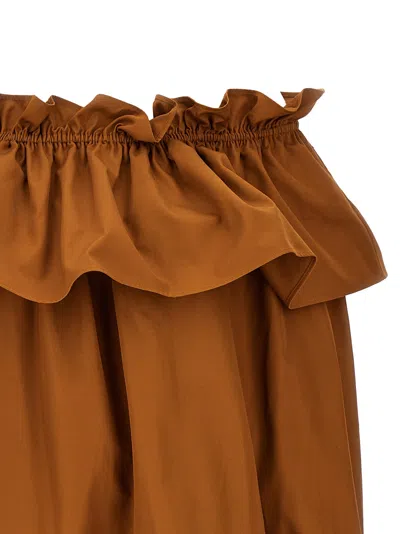 Saint Laurent Brown Ruffle Dress With Bare Shoulders In Cotton Twill Woman