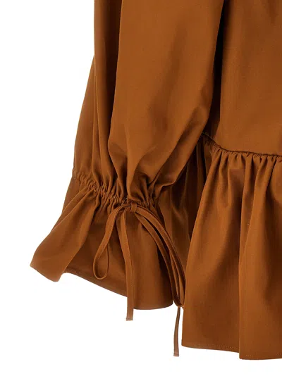 Saint Laurent Brown Ruffle Dress With Bare Shoulders In Cotton Twill Woman