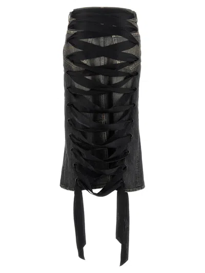 Balenciaga Denim Skirt With Laces Interwining In Black