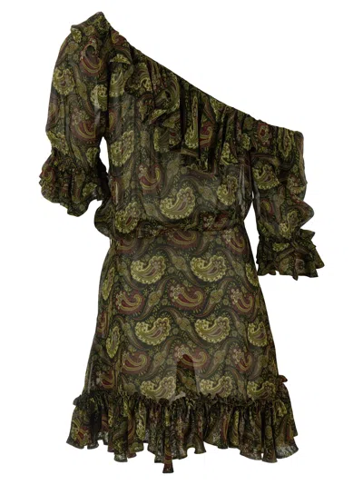 Saint Laurent Paisley Off-the-shoulder Mini Ruffled Dress In Green