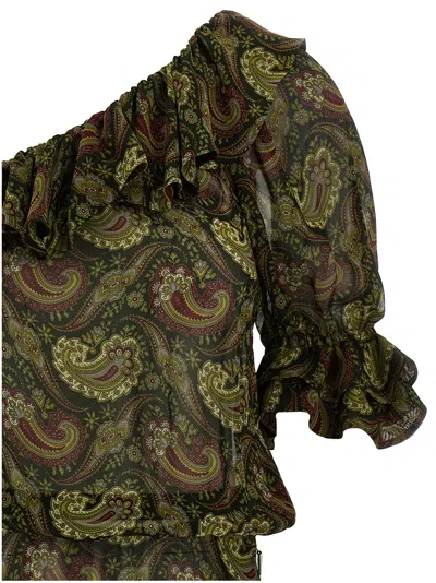 Saint Laurent Paisley Off-the-shoulder Mini Ruffled Dress In Green
