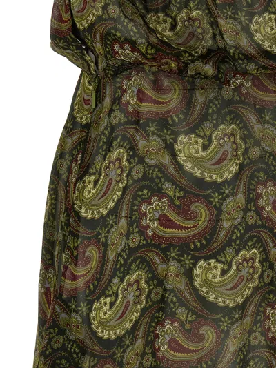Saint Laurent Paisley Off-the-shoulder Mini Ruffled Dress In Green