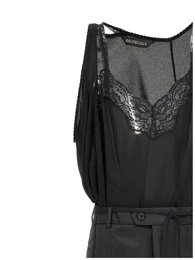 Balenciaga Patched Long Slip Dress With Asymmetric Straps