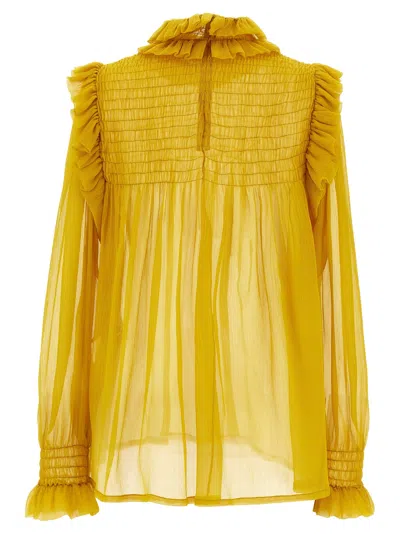 Saint Laurent Silk Blouse With Ruffled Collar And Smocked Detailing