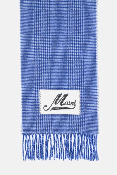 Marni Classic Check Wool Scarf With Logo Label In Blue