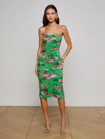 L Agence Caprice Rose-print Ruched Midi Dress In Green