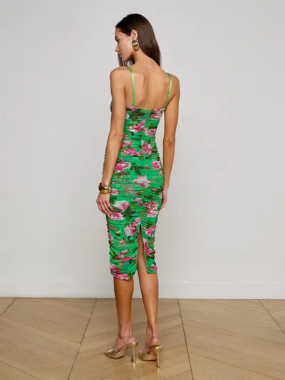 L Agence Caprice Rose-print Ruched Midi Dress In Green
