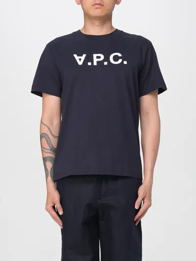 Apc A.p.c. Men Blue Crewneck T-shirt With Logo On The Front In Cotton Man In Blue