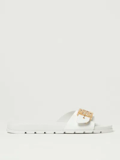Tory Burch Slide Sandals With Metallic Buckle Accent In White