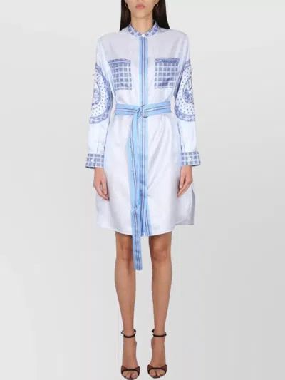 Burberry Checkered Silk Chemisier Dress With Belted Waist And Long Sleeves In White