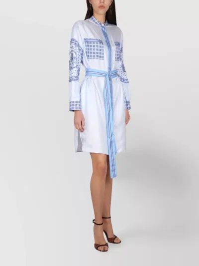 Burberry Checkered Silk Chemisier Dress With Belted Waist And Long Sleeves In White