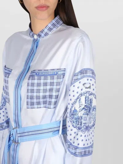 Burberry Checkered Silk Chemisier Dress With Belted Waist And Long Sleeves In White