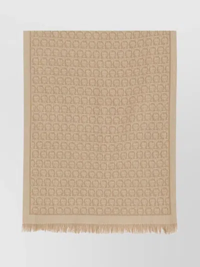 Ferragamo Long Rectangular Scarf With Interlocking Pattern And Fringed Edges In Neutral