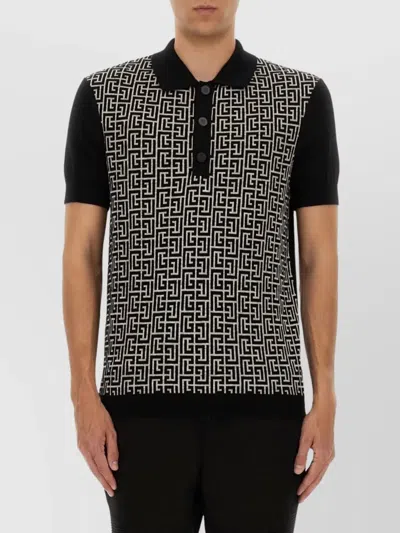 Balmain Wool And Linen Polo Shirt With Monogram Motif In Black