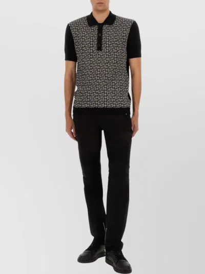 Balmain Wool And Linen Polo Shirt With Monogram Motif In Black