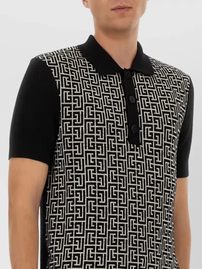 Balmain Wool And Linen Polo Shirt With Monogram Motif In Black
