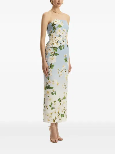 Oscar De La Renta Ombr Cherry Blossom Strapless Gown In Blue