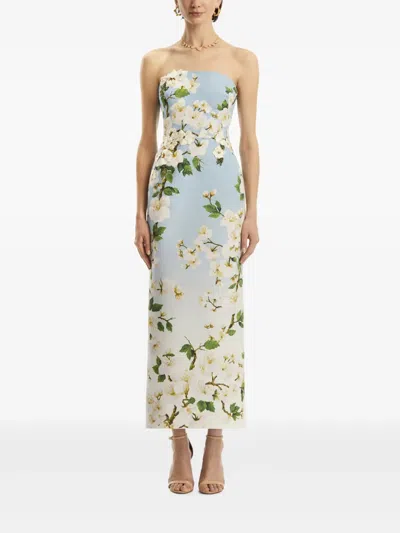 Oscar De La Renta Ombr Cherry Blossom Strapless Gown In Blue