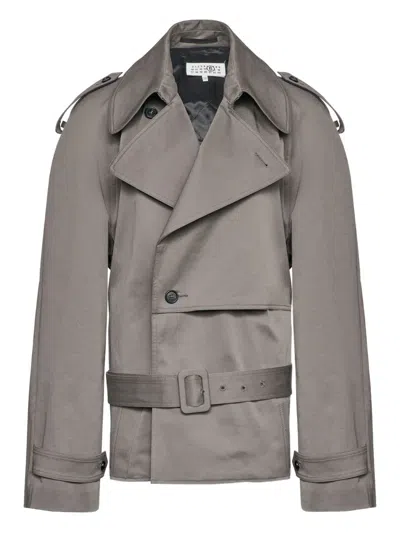 Mm6 Maison Margiela Stretch Cotton Trench Coat With Belted Waist In Gray