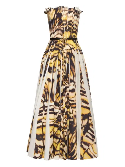 Oscar De La Renta Strapless Pleated Butterfly Poplin Ankle Dress With Belt In Multi