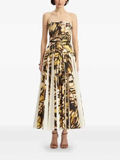 Oscar De La Renta Strapless Pleated Butterfly Poplin Ankle Dress With Belt In Multi