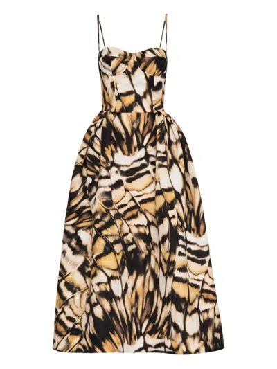 Oscar De La Renta Butterfly Faille Bustier Tea-length Dress In Multi