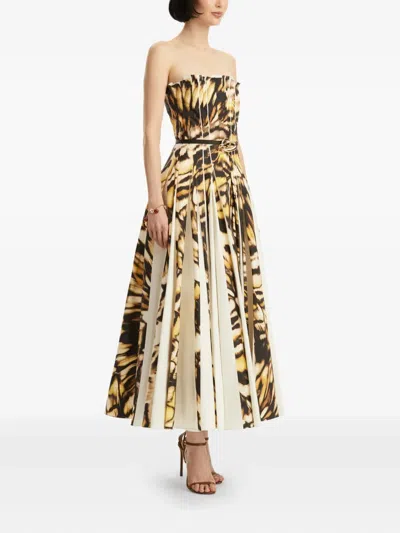 Oscar De La Renta Strapless Pleated Butterfly Poplin Ankle Dress With Belt In Multi