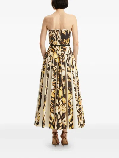 Oscar De La Renta Strapless Pleated Butterfly Poplin Ankle Dress With Belt In Multi