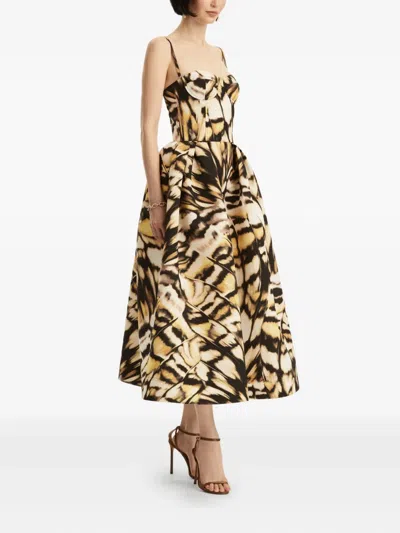 Oscar De La Renta Butterfly Faille Bustier Tea-length Dress In Multi