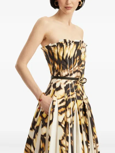 Oscar De La Renta Strapless Pleated Butterfly Poplin Ankle Dress With Belt In Multi