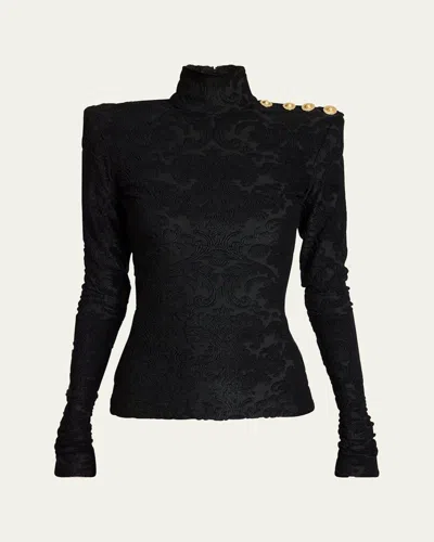 Balmain Buttoned Ls Bouclette Baroque Top In Black