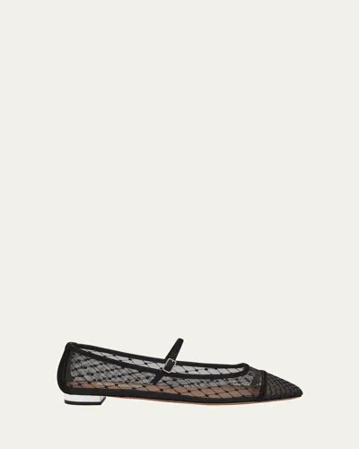 Aquazzura Juliette Velvet-trimmed Embroidered Mesh Ballet Flats In Black