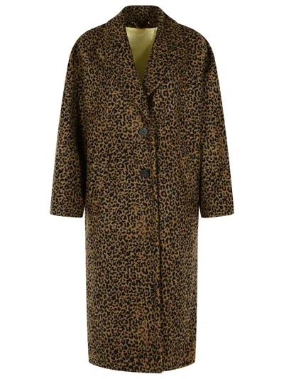 Golden Goose Single-breasted Cocoon Wool Coat With Jacquard Motif In Brown