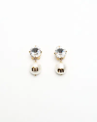 Miu Miu Rhinestone And Dangling Pearl Clip-on Earrings In Gold