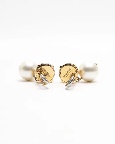 Miu Miu Rhinestone And Dangling Pearl Clip-on Earrings In Gold